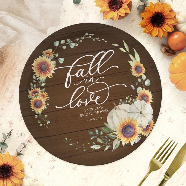 Fall In Love Greenery Sunflowers Bridal Shower Paper Plate (Creator Uploaded)