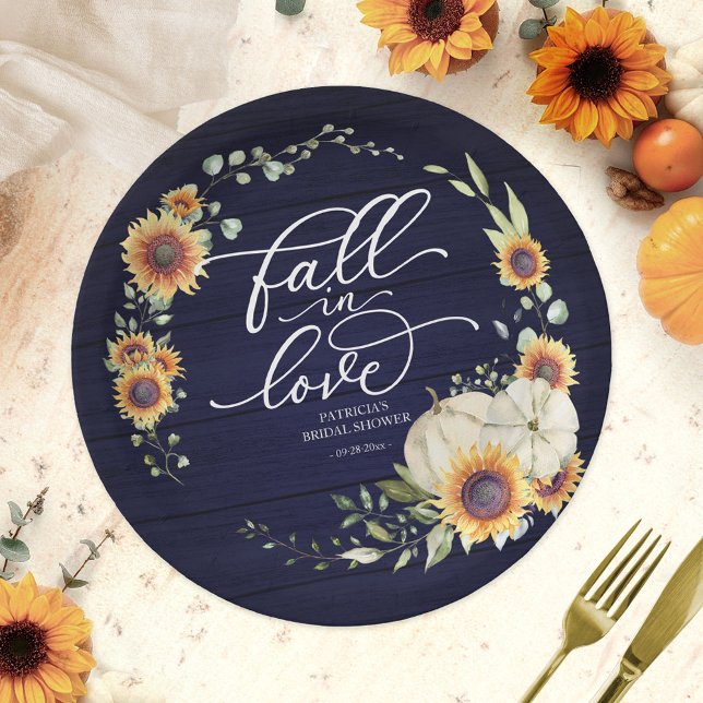 Fall In Love Greenery Sunflowers Bridal Shower  Paper Plate (Creator Uploaded)