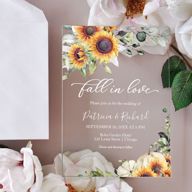 Fall In Love Greenery Sunflowers Wedding Acrylic Invitations (Creator Uploaded)