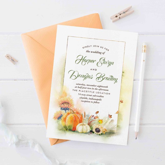 Fall in Love | Harvest Sunflowers Pumpkins Wedding Invitation (Autumn Harvest and Pumpkins Wedding Invitations)