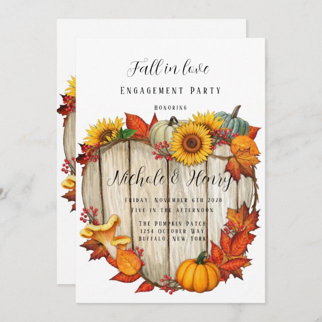Fall In Love Heart Shape Wood Pumpkin Engagement Invitation (Front/Back)