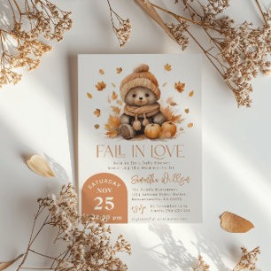 Fall In Love Little Teddy Bear Pumpkin Baby Shower Invitation