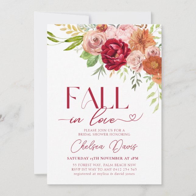 Fall in Love Marsala Flower Bridal Shower Invitation (Front)