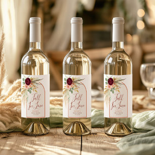 Fall In Love Modern Boho Pampas Grass Rust Bridal  Wine Label