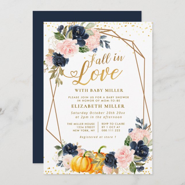 fall in love navy and blush floral baby shower invitation (Front/Back)