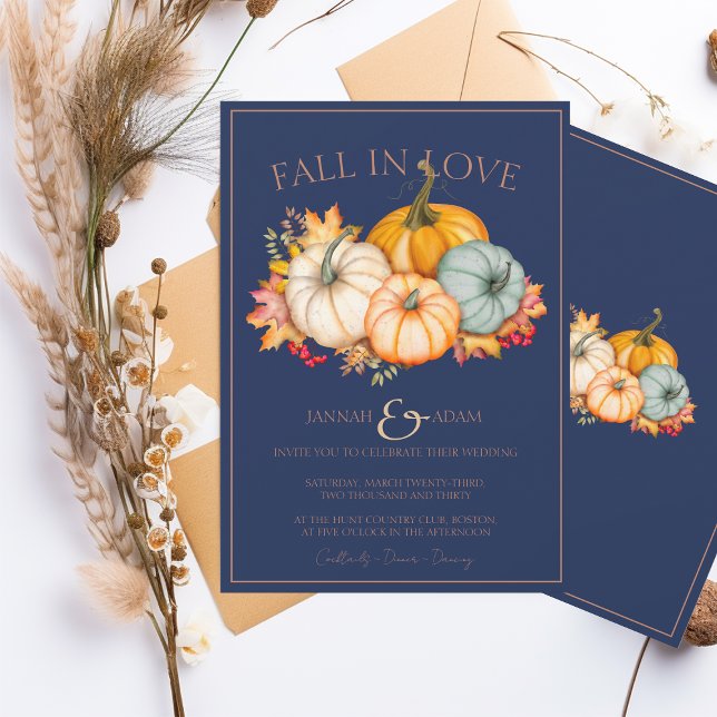 Fall in Love Navy Blue Autumn Pumpkins Wedding Invitation (Creator Uploaded)