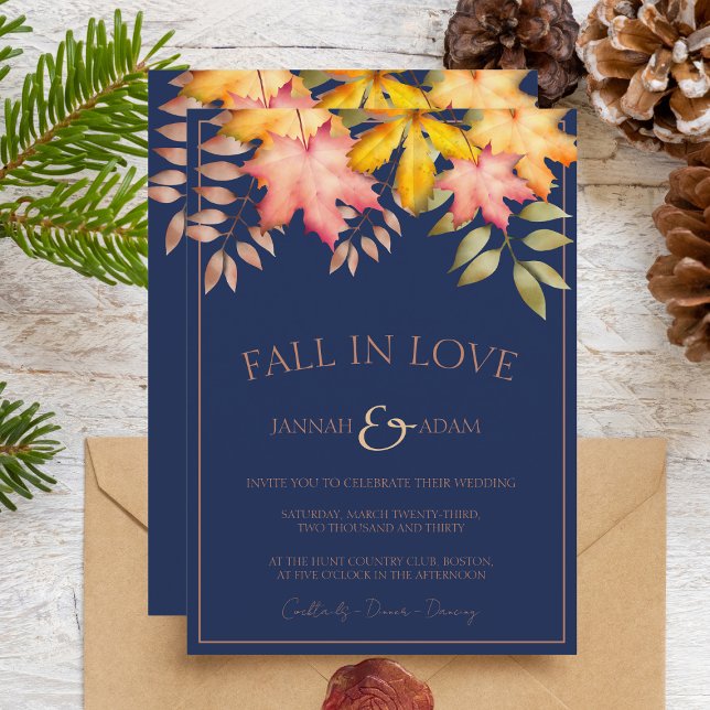 Fall in Love Navy Blue Fall Autumn Leaves Wedding Invitation (Creator Uploaded)