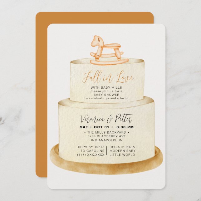Fall in Love Neutral Autumn Cake Baby Shower Invitation (Front/Back)