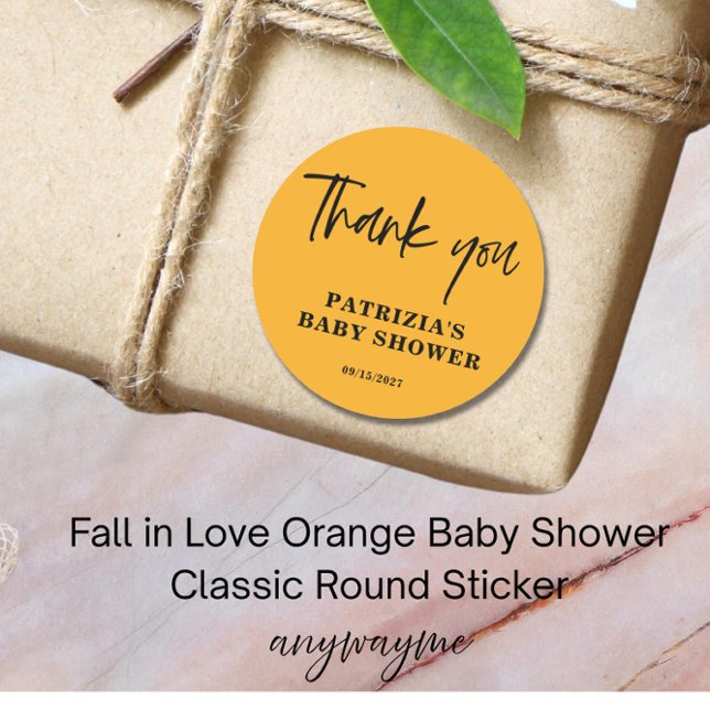 Fall in Love Orange Baby Shower Classic Round Sticker (Creator Uploaded)