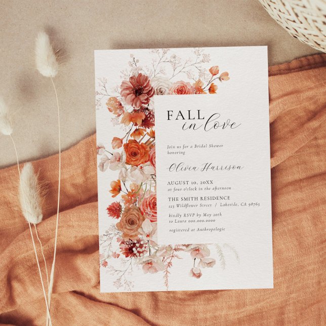 Fall in Love Orange Floral Bridal Shower Invitation (Creator Uploaded)