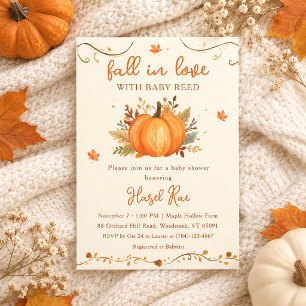 Fall in Love Orange Pumpkin Floral Baby Shower Invitation