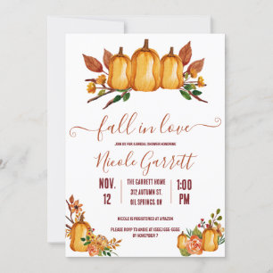 Fall in Love, Orange Pumpkin, Floral Bridal Shower Invitation