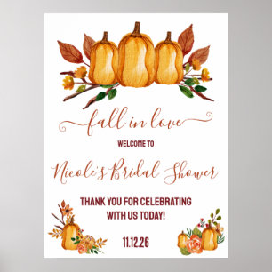 Fall in Love, Orange Pumpkin, Floral Bridal Shower Poster