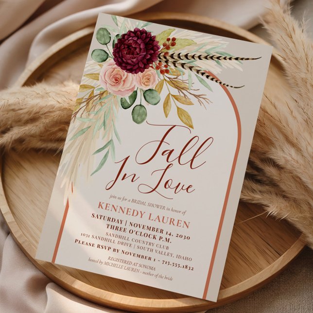 Fall In Love Pampas Floral Rust Arch Bridal Shower Invitation (Creator Uploaded)