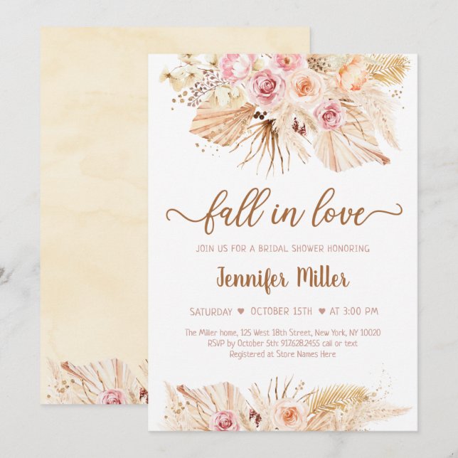 Fall In Love Pampas Grass Boho Bridal Shower Invitation (Front/Back)