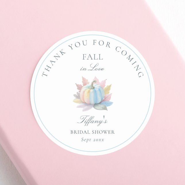 Fall in Love Pastel Blue Pumpkin Bridal Shower Classic Round Sticker (Creator Uploaded)