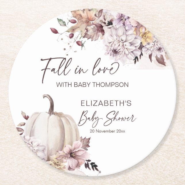 Fall in love pastel boho pumpkin baby shower favou round paper coaster (Front)