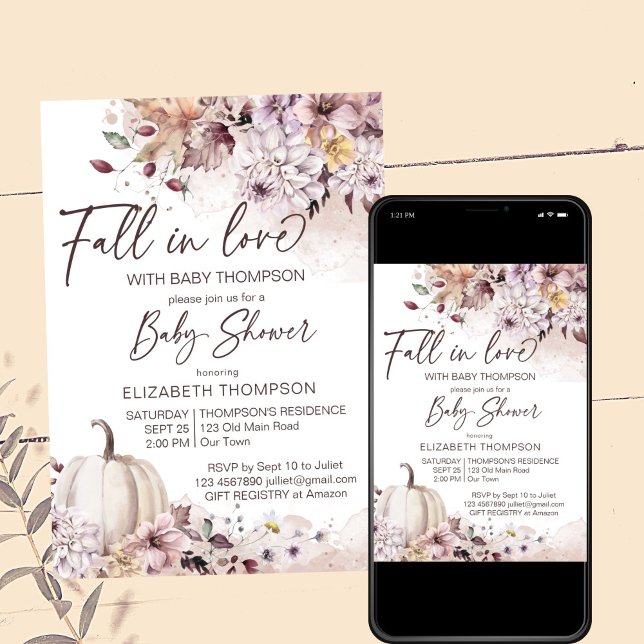 Fall in love pastel boho pumpkin baby shower  invitation (Fall in love boho pastel pumpkin baby shower editable template invitation digital download watercolo)