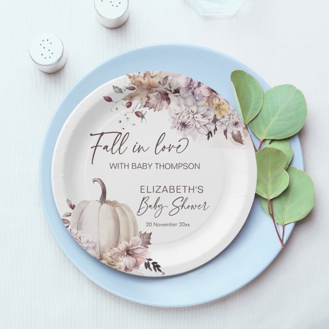 Fall in love pastel boho pumpkin baby shower  paper plate (Fall in love pastel boho pumpkin baby shower personalized monogrammed printed paper plates)