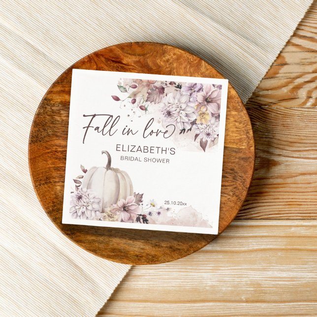 Fall in love pastel foliage pumpkin bridal shower napkin (Fall in love bridal shower personalized napkins pastel pumpkin autumn foliage napkins)