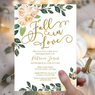 Fall In Love Peach Floral Pumpkin Bridal Shower Invitation