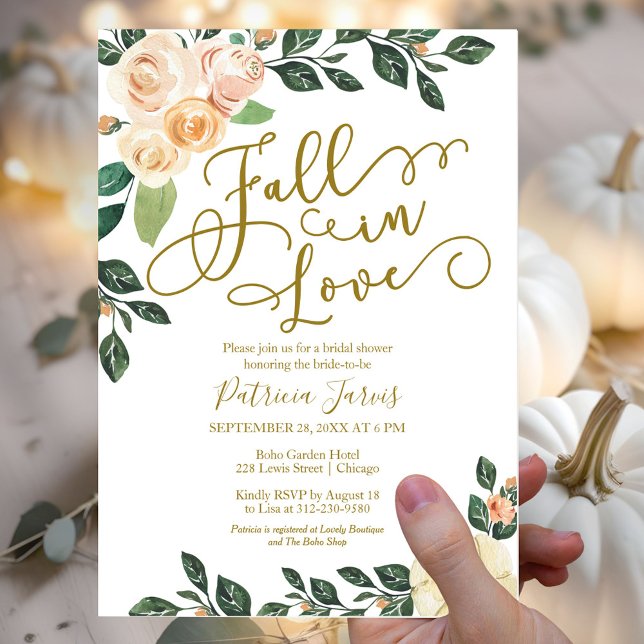 Fall In Love Peach Floral  Pumpkin Bridal Shower Invitation (Creator Uploaded)