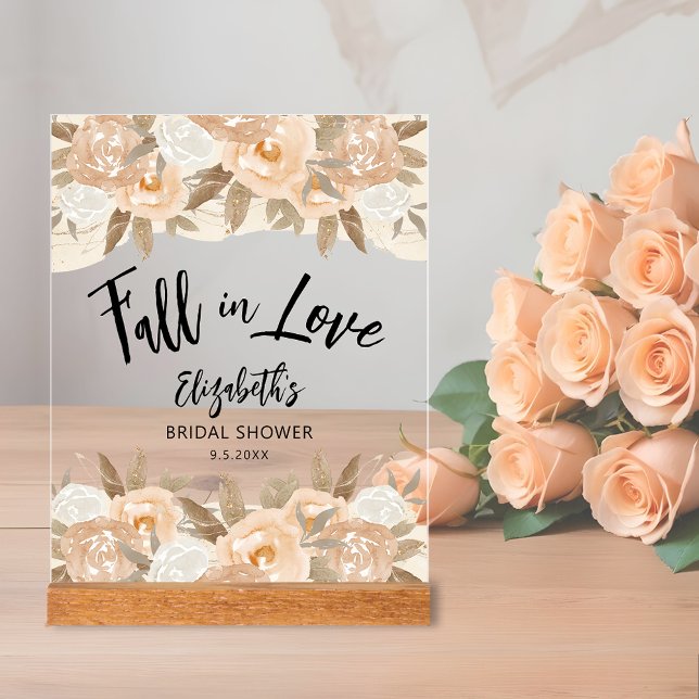 Fall in Love Peach Flowers Bridal Shower Acrylic Sign (Fall in Love bridal shower clear acrylic sign with rustic peach flowers and leaves on top and bottom)
