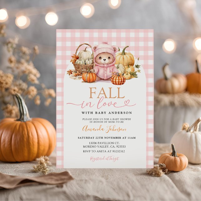 Fall in Love Pink Bear In The Basket Baby Shower  Invitation (Creator Uploaded)