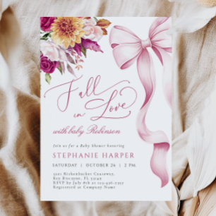 Fall in Love Pink Bow Baby Shower Invitation