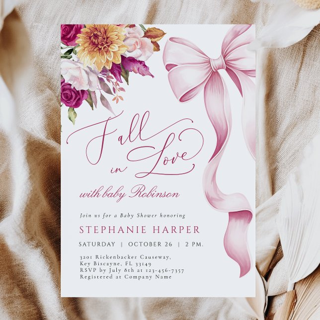 Fall in Love Pink Bow Baby Shower Invitation (Creator Uploaded)