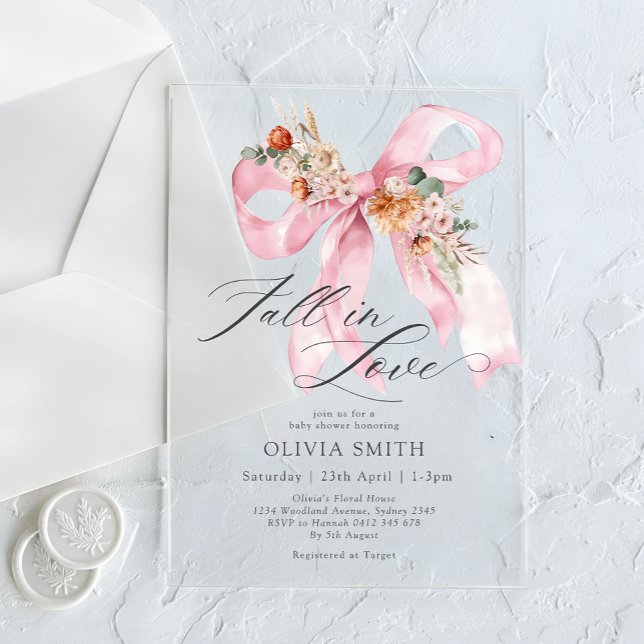 Fall in Love Pink Bow Floral Baby Shower Acrylic Invitations (Creator Uploaded)
