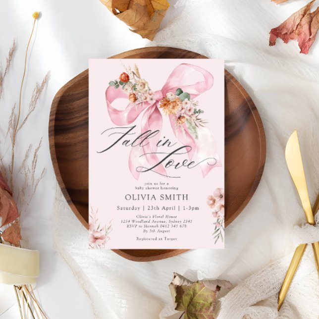 Fall in Love Pink Bow Floral Baby Shower Invitation (Creator Uploaded)