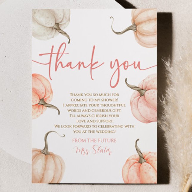 Fall In Love Pink Orange Pumpkin Bridal Shower Thank You Card (Creator Uploaded)