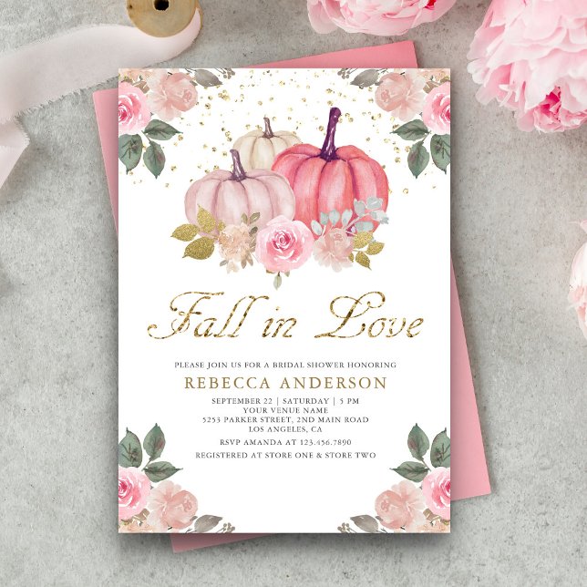 Fall in Love Pink Pumpkin Floral Bridal Shower Invitation (Creator Uploaded)