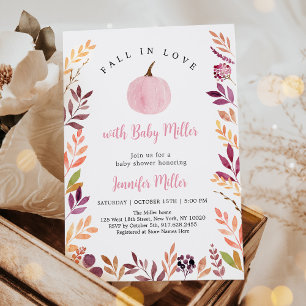 Fall In Love Pink Pumpkin Leaf Baby Shower Invitation