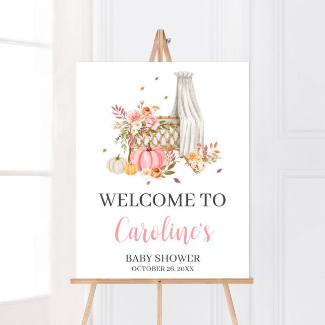 Fall In Love Pink Pumpkin Welcome Baby Shower Poster (Fall Autumn Pumpkin Baby Shower Welcome Sign)