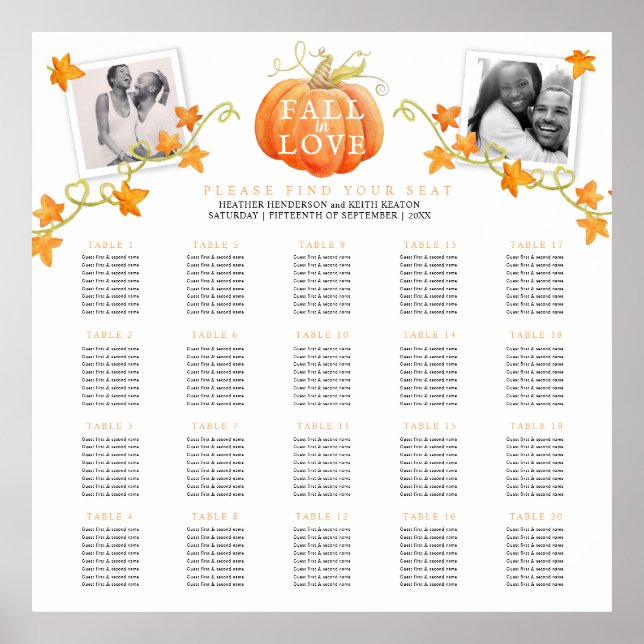 Fall in love pumpkin 20 wedding tables plan poster (Front)