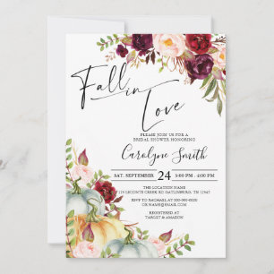 Fall in Love Pumpkin Autumn Floral Bridal Shower Invitation