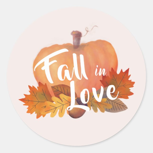 Fall in Love Pumpkin Autumn Leaves Blush Pink Classic Round Sticker (Front)