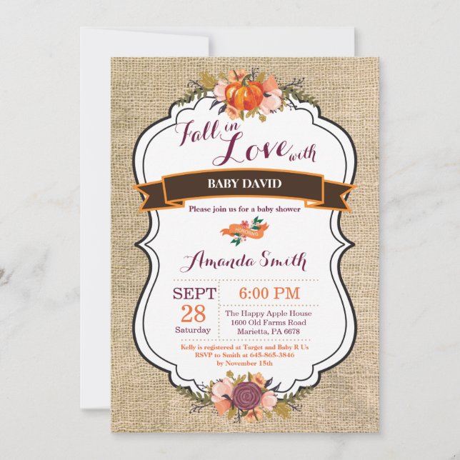 Fall in Love Pumpkin Baby Shower Invitation Burlap (Front)
