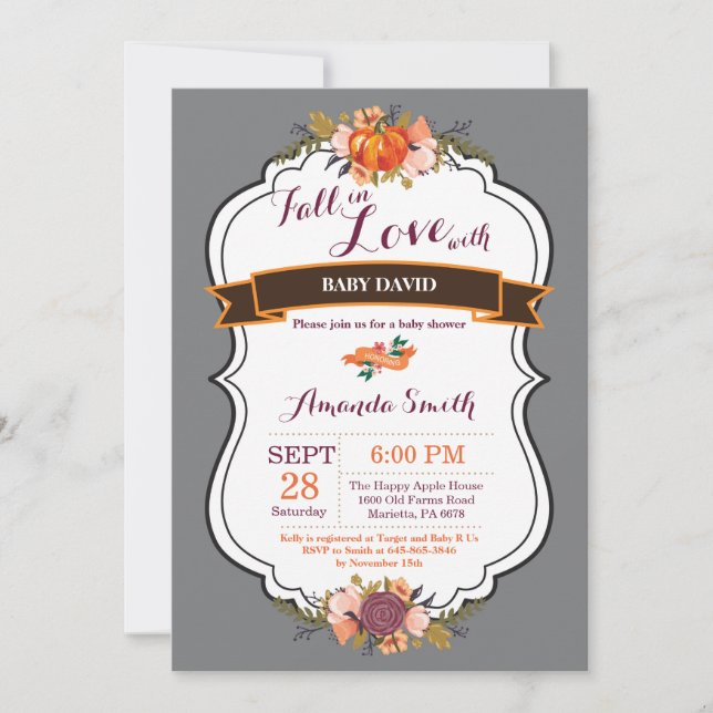 Fall in Love Pumpkin Baby Shower Invitation Gary (Front)