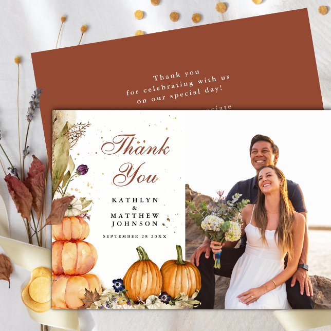 Fall In Love Pumpkin Botanical Autumn Photo  Thank You Card (Creator Uploaded)