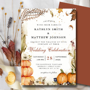 Fall In Love Pumpkin Botanical Autumn Wedding Invitation