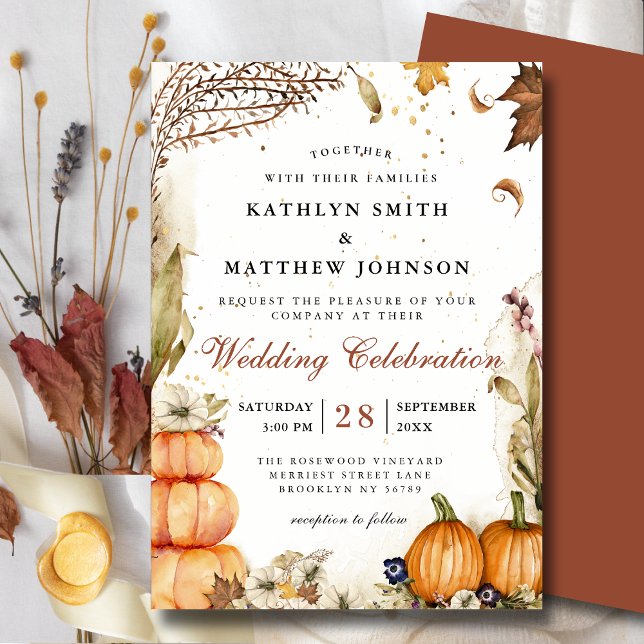 Fall In Love Pumpkin Botanical Autumn Wedding Invitation (Creator Uploaded)