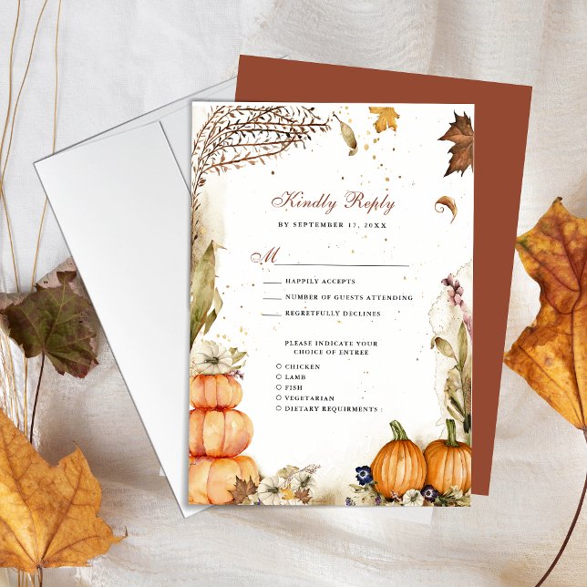 Fall In Love Pumpkin Botanical Autumn Wedding RSVP Card (Creator Uploaded)
