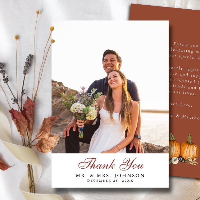 Fall In Love Pumpkin Botanical Autumn Wedding Thank You Card (Creator Uploaded)