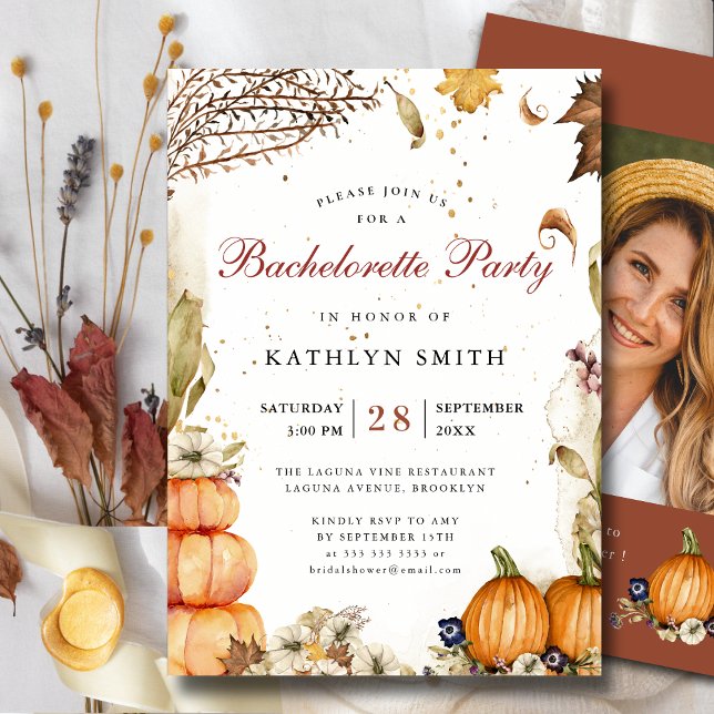 Fall In Love Pumpkin Botanical Bachelorette Party Invitation (Creator Uploaded)