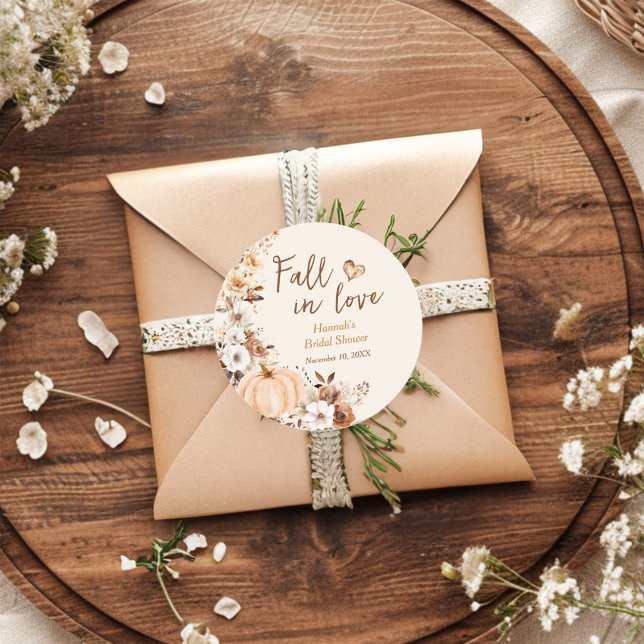 Fall in Love Pumpkin Bridal Shower Classic Round Sticker (Creator Uploaded)