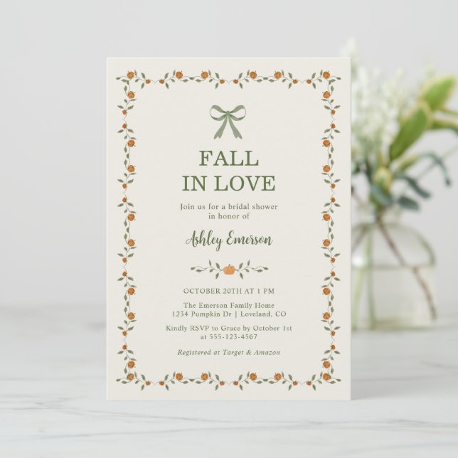 Fall In Love Pumpkin Bridal Shower Invitation (Standing Front)