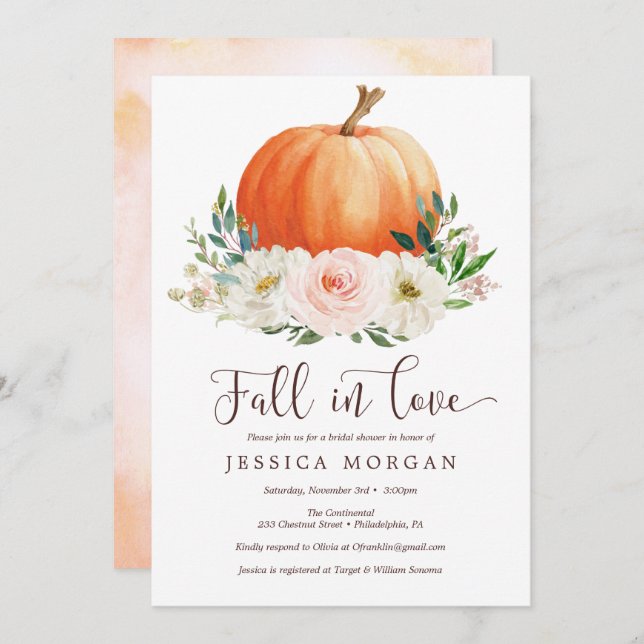 Fall in Love Pumpkin Bridal Shower Invitations (Front/Back)